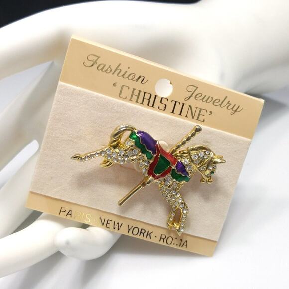 Vintage Carousel Horse Rhinestone Brooch, Red Green Enamel, Taiwan, 2 Inches - Picture 4 of 10